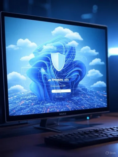 A computer screen displays a digital shield logo and login prompt for a security or antivirus application.