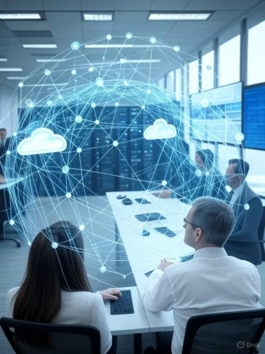 Business meeting discussing cloud technology and networking with digital cloud and interconnected nodes overlay.