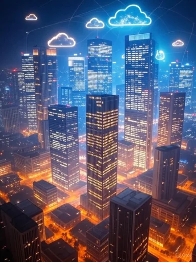 Night cityscape with illuminated skyscrapers and glowing cloud icons above, giving a futuristic digital appearance.