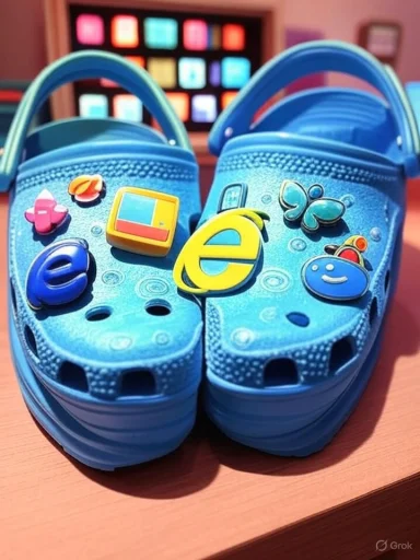 Blue Crocs decorated with colorful social media and internet icons, placed on a wooden surface.