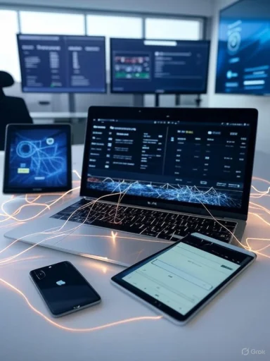 Multiple electronic devices displaying data and analytics in a high-tech, modern workspace.