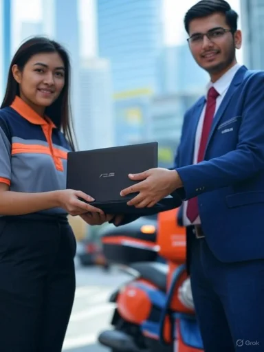 A customer service representative hands over a laptop to a customer in an urban setting.