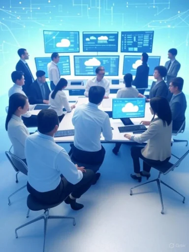 A group of professionals in a high-tech conference room analyzing cloud computing data on multiple monitors.