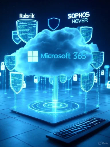 A digital illustration of cloud security with a Microsoft 365 cloud at the center, surrounded by shield icons and security symbols.