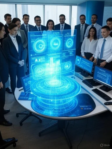 A group of professionals observe a futuristic holographic digital interface displaying data and charts in a modern office.