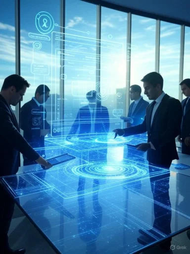 Business professionals interact with a futuristic holographic digital interface in a modern office.