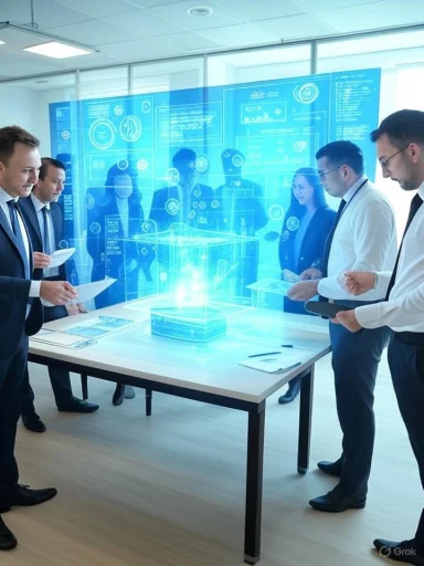 Business professionals analyze a holographic 3D display during a high-tech meeting.