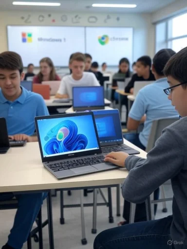 Students in a classroom using laptops for a lesson on Windows 11.
