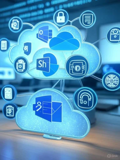 Cloud computing and storage icons representing digital data management and security.
