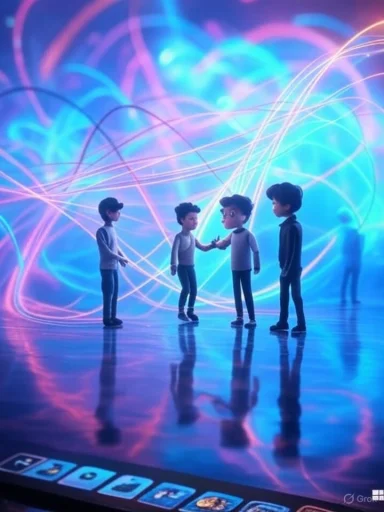 Four animated children hold hands and interact in a colorful, neon-lit virtual environment with swirling light trails.