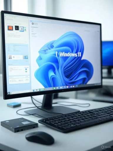 A desktop setup displaying Windows 11 on a monitor, with a keyboard, mouse, and external drives on a white desk.