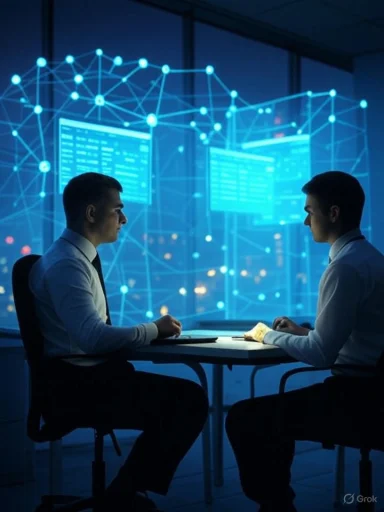 Two professionals face each other in a high-tech data analysis meeting, with digital network graphics in the background.
