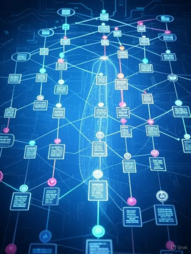 A complex, interconnected digital data network diagram with nodes and links on a blue background.