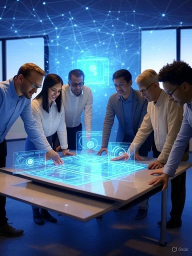Team collaborating around a holographic digital interface in a futuristic technology lab.