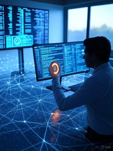 A cybersecurity professional monitors multiple screens with code and network data in a high-tech security room.
