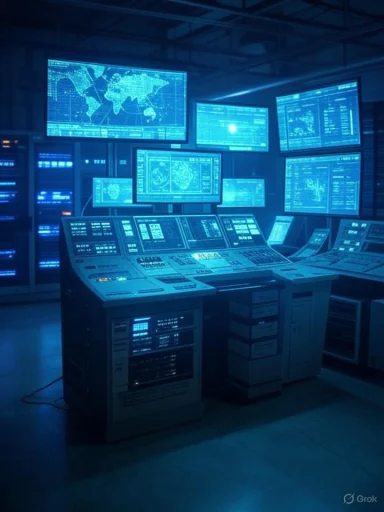 A high-tech control room with multiple screens displaying global data and analytics in a blue-lit environment.
