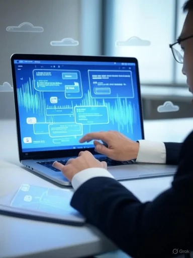 A person in a suit interacts with a digital dashboard on a laptop, displaying data and charts in a modern office setting.