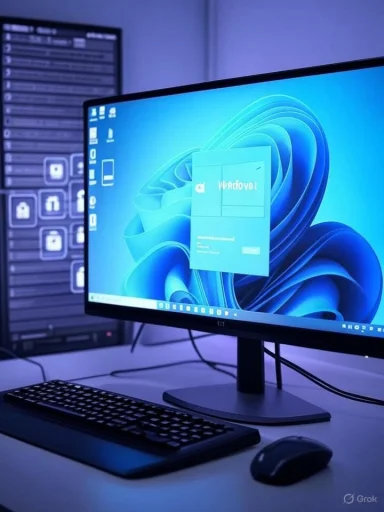 A computer workstation shows a monitor displaying a login screen, with a keyboard and mouse on a white desk.
