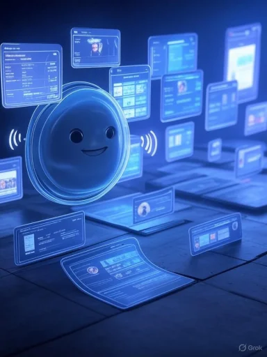 A smiling, animated speaker icon surrounded by floating, holographic digital screens in a futuristic data interface.