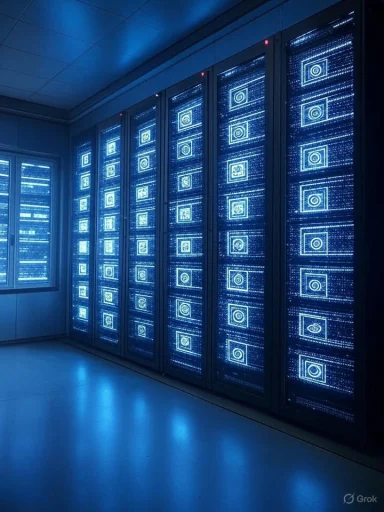 A row of blue-lit server racks displays glowing digital patterns in a data center.
