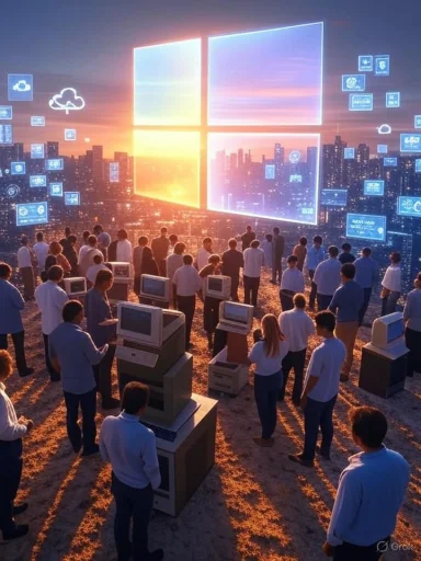 People gather outdoors at sunset, viewing a large digital display of the Windows logo and floating icons.