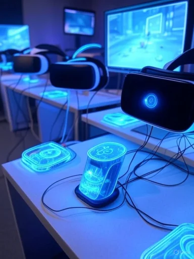 Empty virtual reality headsets and tech displays in a gaming or VR demonstration room.