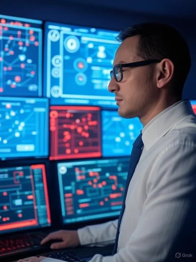 A man in business attire monitors multiple digital screens displaying complex data and graphs.