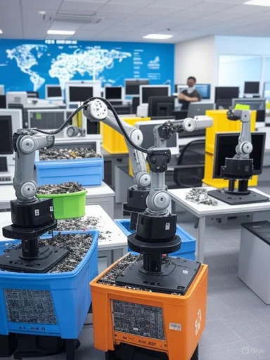 Robotic arms sorting small metal parts in a tech lab or manufacturing workspace.