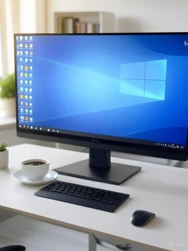 A modern workspace with a large monitor, keyboard, mouse, coffee, and a small potted plant on a white desk.