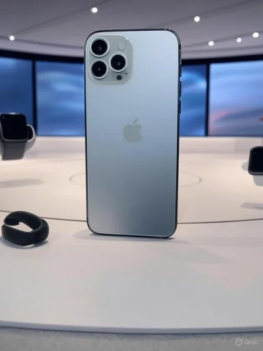 A silver iPhone with triple camera setup displayed on a table at an Apple store or showcase.
