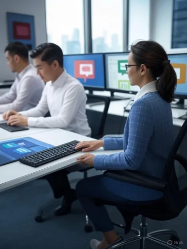 Businesswoman working at a desk with two male colleagues in a modern office with multiple monitors.