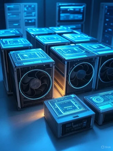 Futuristic AI or computer hardware systems illuminated in blue with holographic-style displays.
