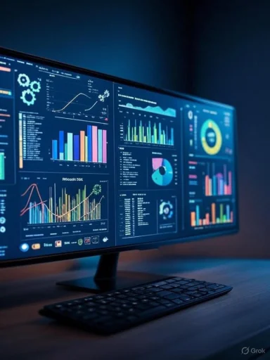 A computer monitor displays multiple colorful data analytics and charts, illuminated in a dark room.