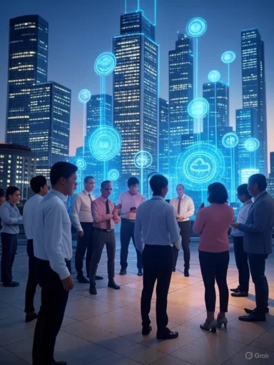 Businesspeople gather on a rooftop with digital cityscape and holographic icons projected in the background.