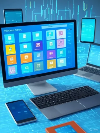Multiple digital devices, including a desktop, laptop, tablet, and smartphone, display a futuristic, tech-focused interface.
