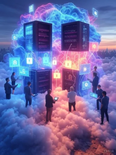 People working with digital security and cloud computing in a futuristic, cloud-filled environment.