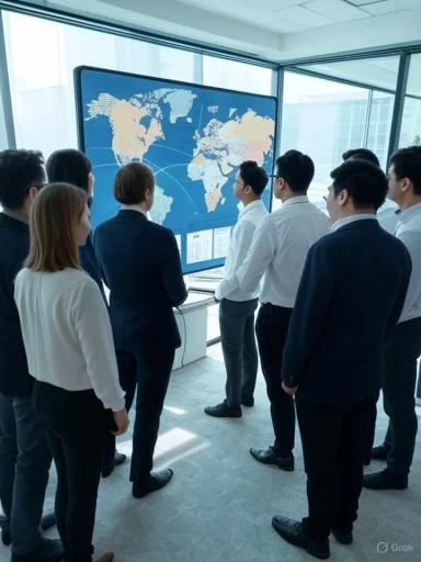 Group of professionals attending a presentation on a large world map in a modern office.