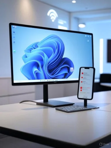 A computer monitor and smartphone on a desk display a modern workspace with technology tools.