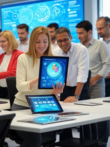A diverse group of professionals in a modern conference room reviewing digital presentations on tablets.