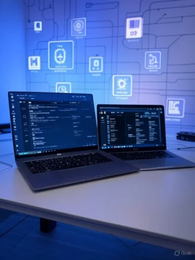 Two laptops displaying code and data, set against a background of interconnected digital icons and diagrams.
