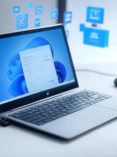 A modern laptop displaying a Windows interface, with digital icons floating in the background.