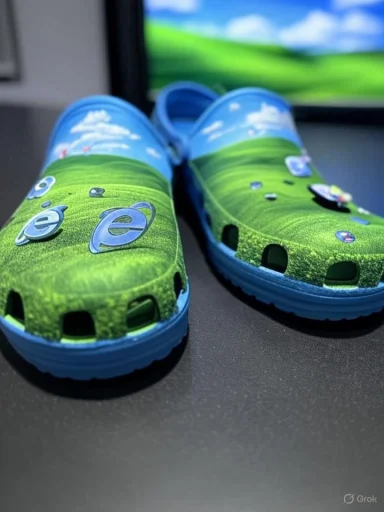 Colorful children's clogs with a grassy landscape and sky design, placed on a dark surface with a computer monitor in the background.