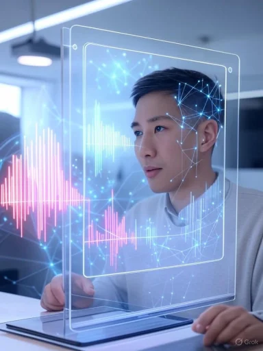 A young man interacts with a futuristic, holographic digital interface displaying waveforms and data visualizations.