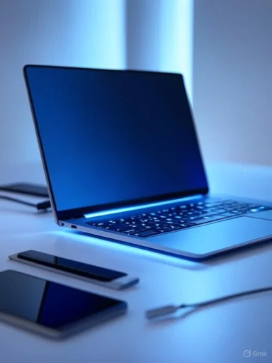 A sleek laptop with glowing blue accents, accompanied by a tablet, smartphone, and stylus on a white desk.