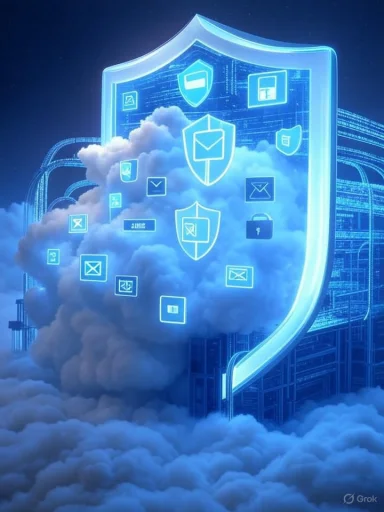 A digital shield overlays a cloud background with security icons, illustrating cloud data protection and cybersecurity.