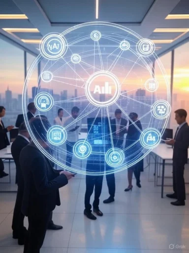 Business professionals in a modern office with a digital AI network hologram overlaying the scene.