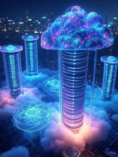 Futuristic cloud data centers glowing with neon lights hover over a cityscape, representing cloud computing technology.