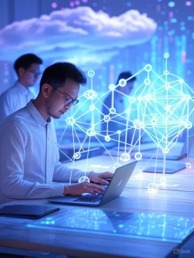 A man working on a laptop with digital network graphics and clouds in a futuristic technology setting.