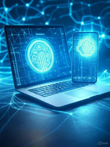 Digital representations of brain scans on a laptop and smartphone amid a network of glowing data connections.
