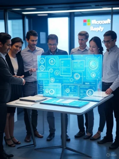 A diverse group of professionals discusses futuristic holographic data displays in a high-tech office setting.